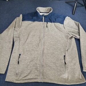 Orvis Mens XL Full Zip Fleece Jacket Grey Navy Blue Heathered Mock Neck Coat